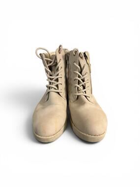 SJB Frampton Womens 8.5 Beige Lace Up Ankle Boots Faux Fur Side Zip